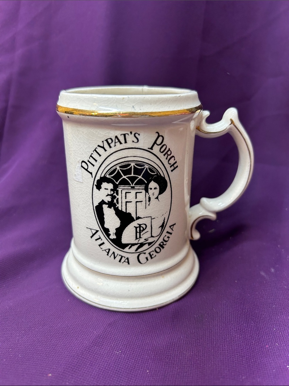 PittyPat's Porch Atlanta Georgia Ceramic Tankard with Gold Trim